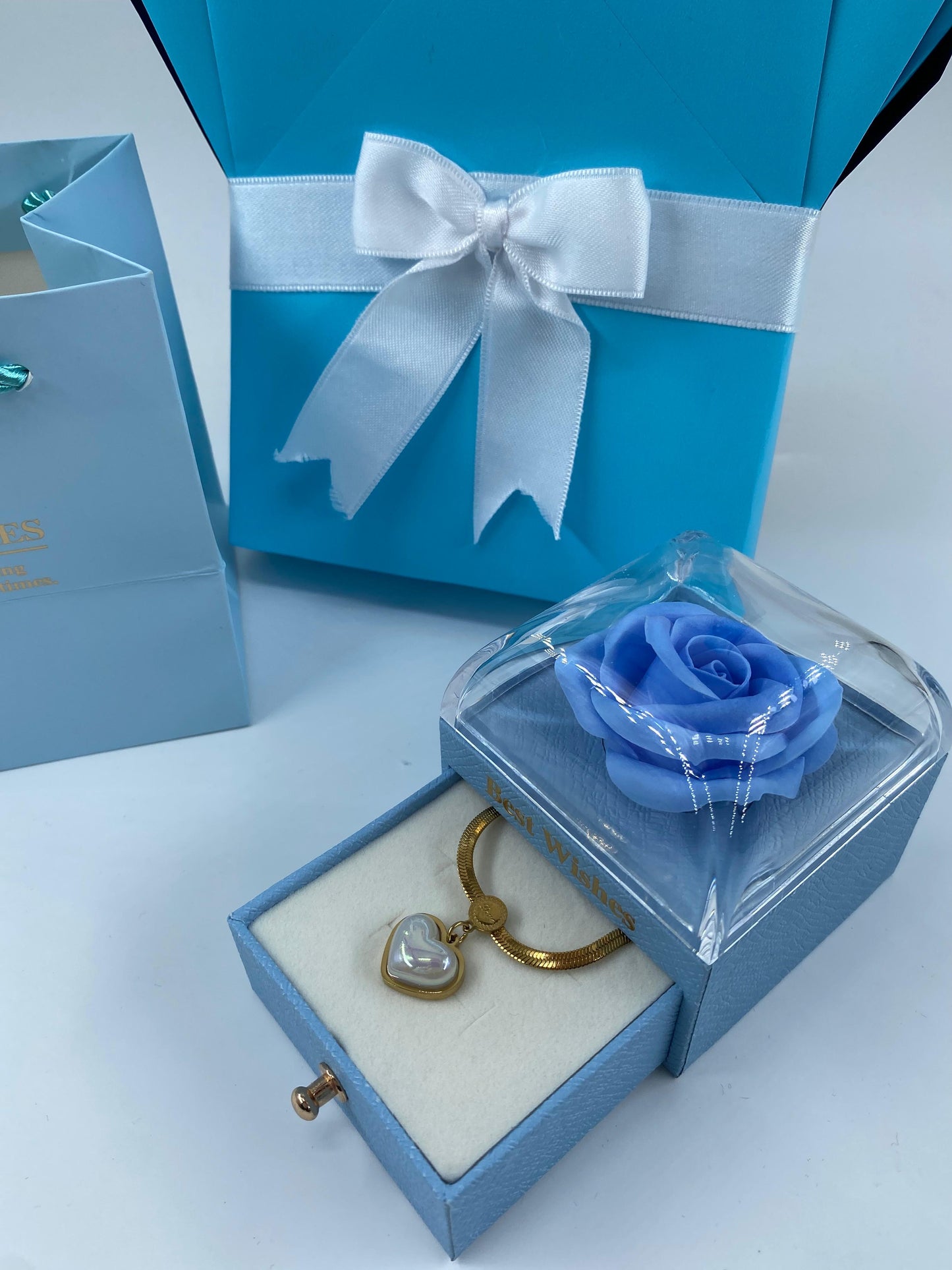 Mavi Ayıcık Buketi Güllü Kutu 14 Ayar Altın Kaplama kolye set