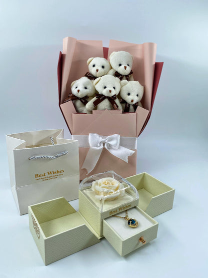 Beyaz Ayıcık Buketi Güllü Kutu 14 Ayar Altın Kaplama kolye set