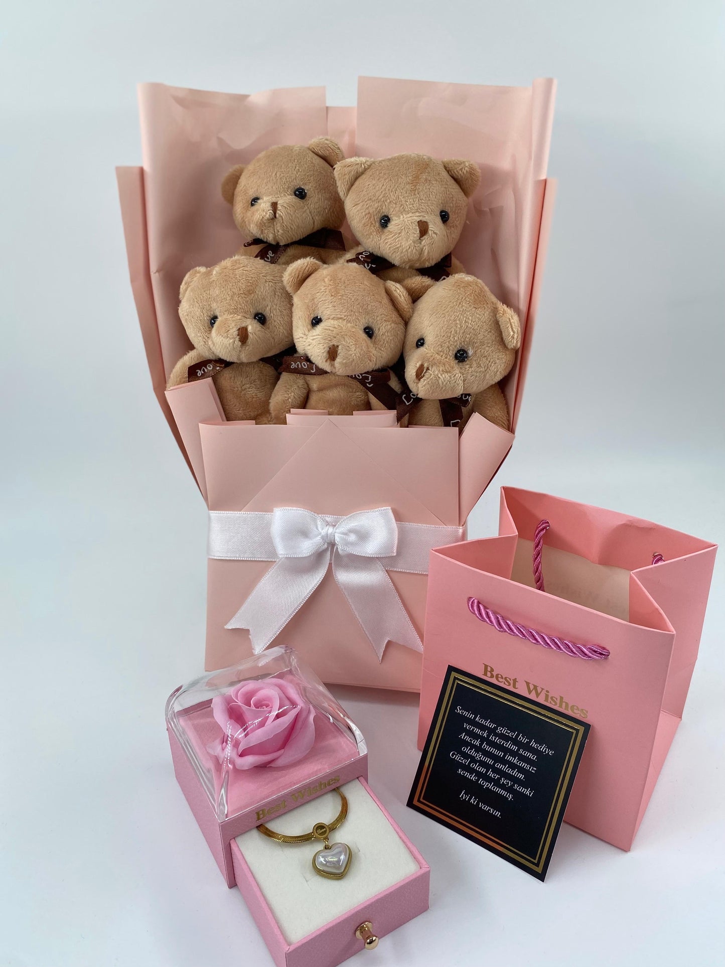 Kahve Ayıcık Buketi Pembe Güllü Kutu 14 Ayar Altın Kaplama kolye set