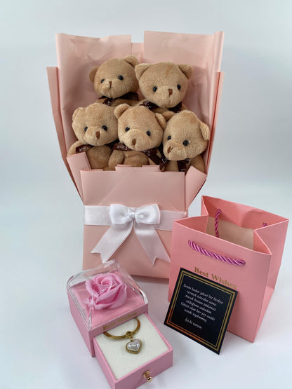 Kahve Ayıcık Buketi Pembe Güllü Kutu 14 Ayar Altın Kaplama kolye set