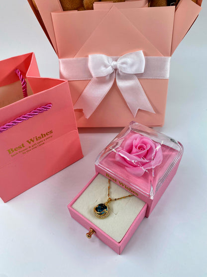 Kahve Ayıcık Buketi Pembe Güllü Kutu 14 Ayar Altın Kaplama kolye set