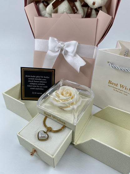 Beyaz Ayıcık Buketi Güllü Kutu 14 Ayar Altın Kaplama kolye set