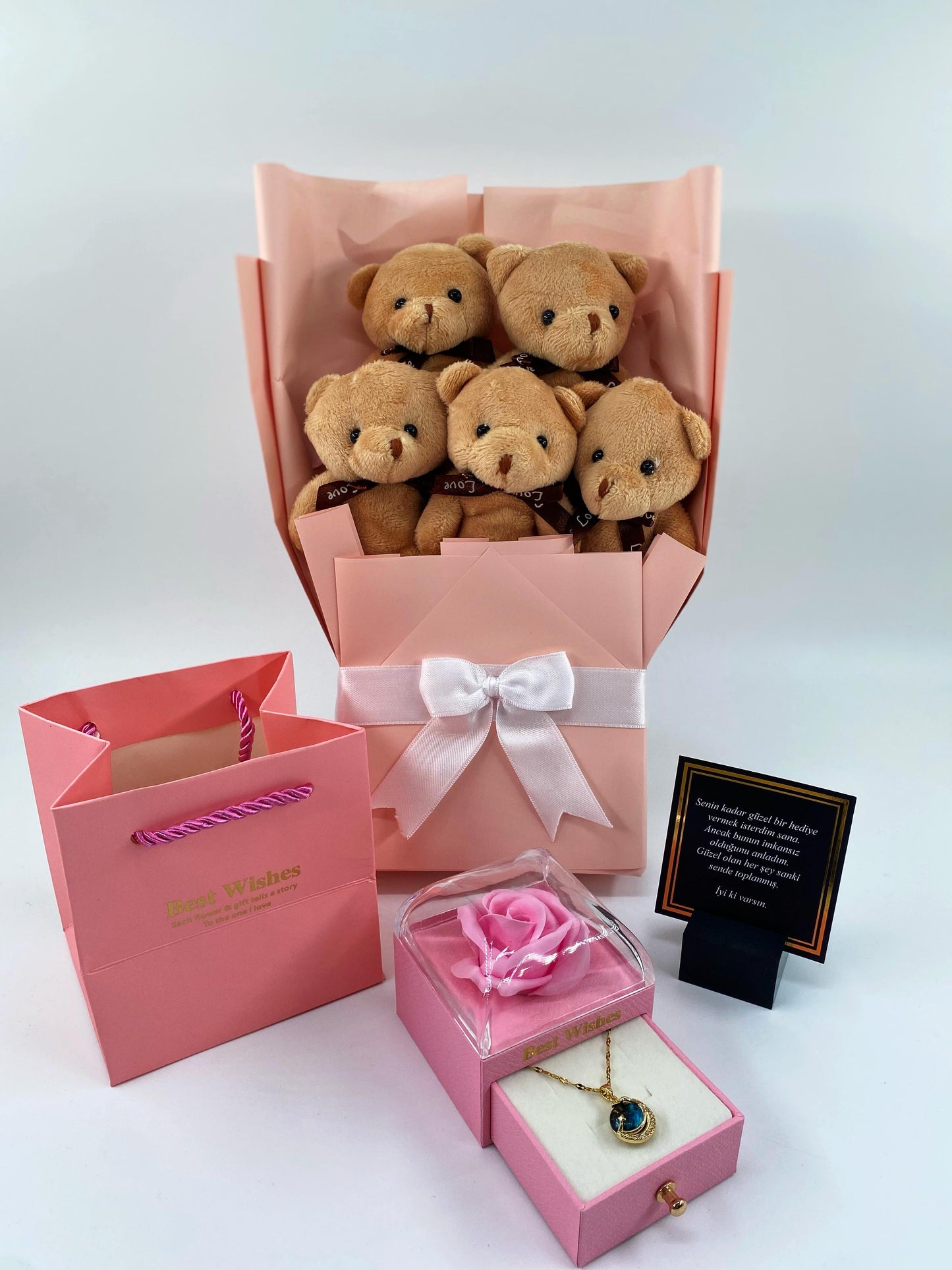 Kahve Ayıcık Buketi Pembe Güllü Kutu 14 Ayar Altın Kaplama kolye set