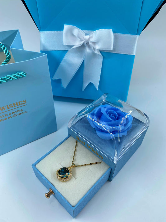 Mavi Ayıcık Buketi Güllü Kutu 14 Ayar Altın Kaplama kolye set