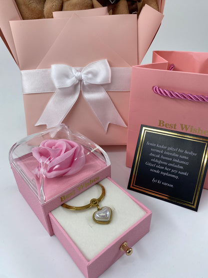 Kahve Ayıcık Buketi Pembe Güllü Kutu 14 Ayar Altın Kaplama kolye set