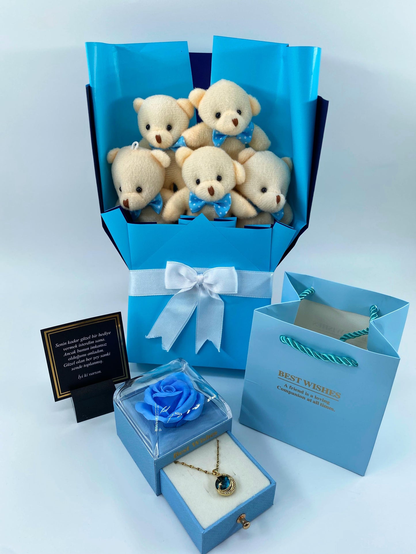 Mavi Ayıcık Buketi Güllü Kutu 14 Ayar Altın Kaplama kolye set