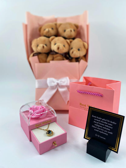 Kahve Ayıcık Buketi Pembe Güllü Kutu 14 Ayar Altın Kaplama kolye set