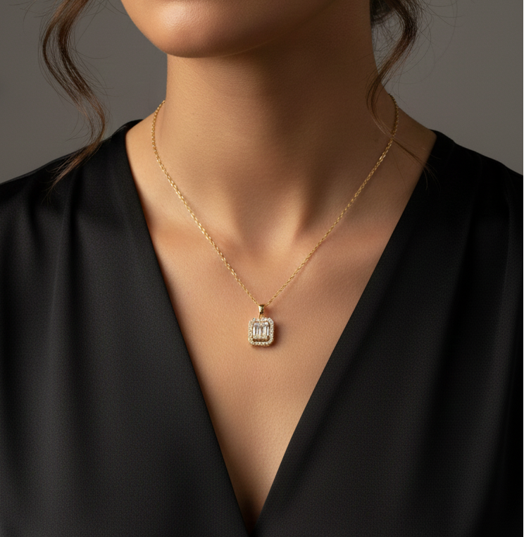 14 Ayar Altın Kaplama Baget Zirkon Taşlı Kolye